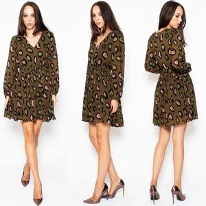 TUCKERNUCK ESSENTIEL ANTWERP OLIVE PATTERNED PUFF SLEEVE MINI DRESS Size 10